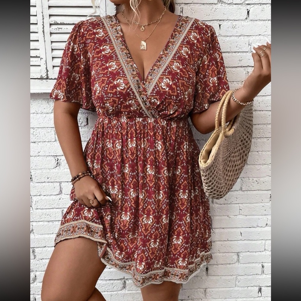 Boho plus size floral print butterfly sleeve dress